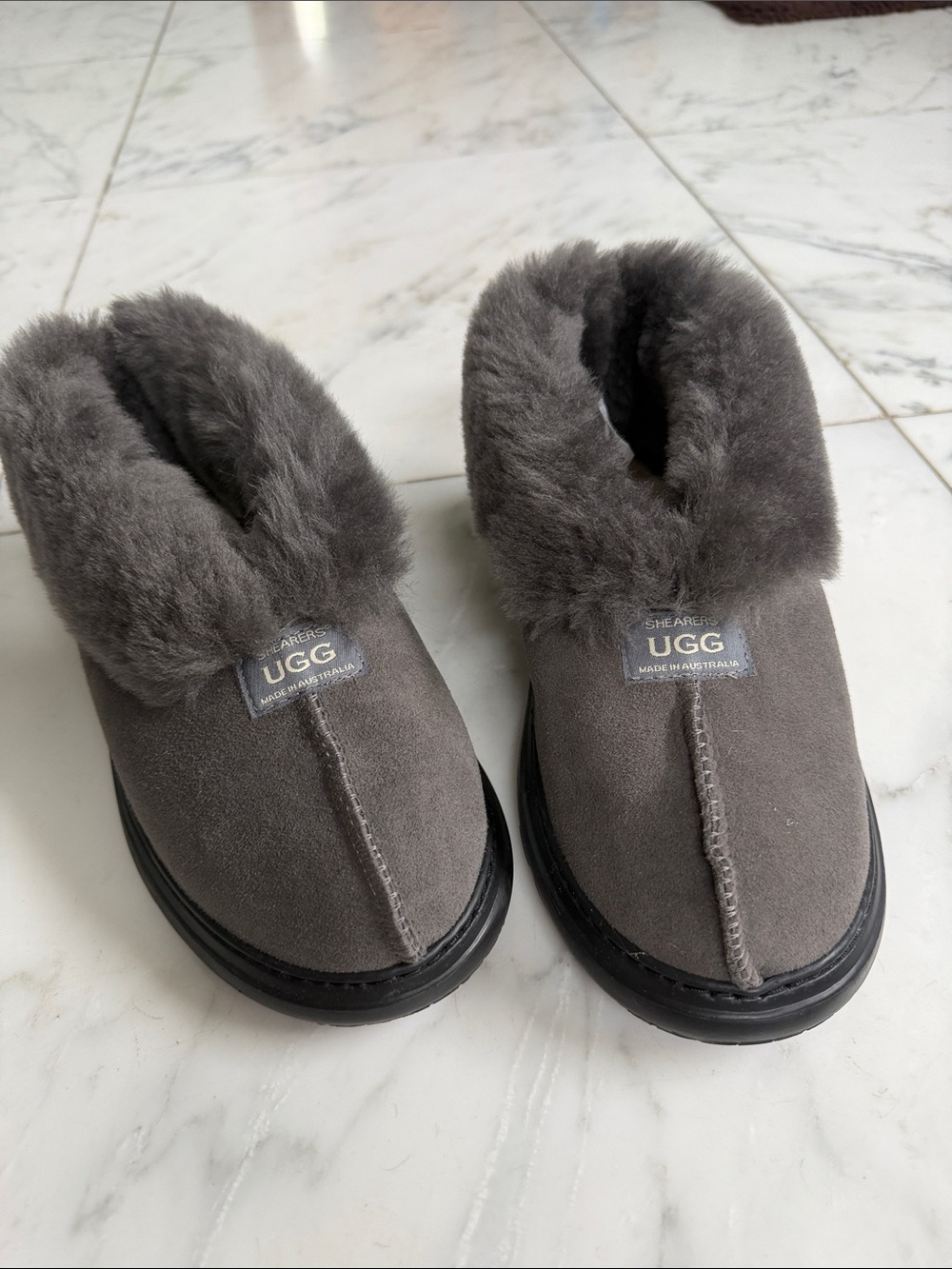 UGG Grey Plush Shearling Slip-On Mules
